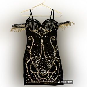 OFF SHOULDER SEQUIN/FRINGE MINI DRESS